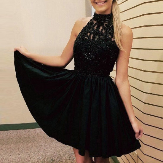 A-Line High Neck Black Chiffon Short Homecoming Dress with Beading Appliques - Click Image to Close