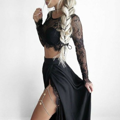 Two Piece Round Neck Long Sleeves Black Chiffon Prom Dress with Lace