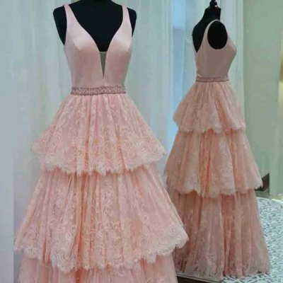 A-Line V-Neck Floor-Length Pink Satin Prom Dress with Beading Tiered Lace