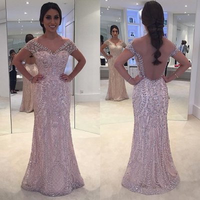 Sheath Bateau Cap Sleeves Light Champagne Tulle Prom Dress with Beading
