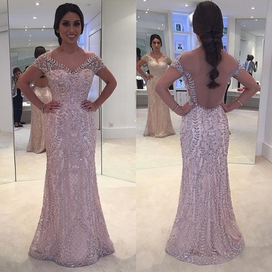 Sheath Bateau Cap Sleeves Light Champagne Tulle Prom Dress with Beading - Click Image to Close