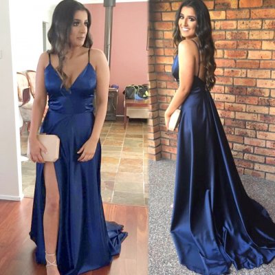 A-Line Spaghetti Straps Backless Dark Blue Satin Prom Dress with Split