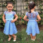 A-Line Round Neck Cap Sleeves Short Sky Blue Lace Flower Girl Dress with Sash