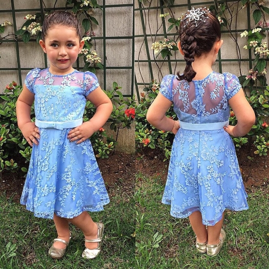 A-Line Round Neck Cap Sleeves Short Sky Blue Lace Flower Girl Dress with Sash - Click Image to Close