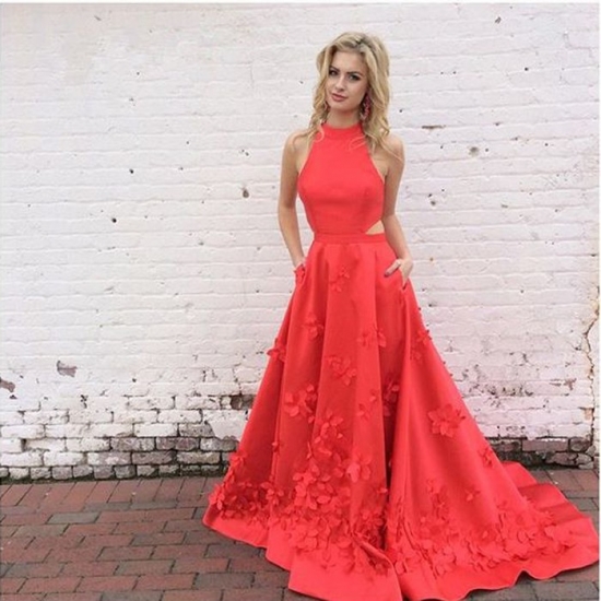 A-Line High Neck Keyhole Back Long Red Satin Prom Dress with Appliques - Click Image to Close