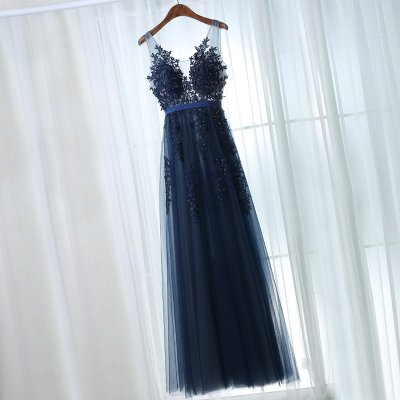 A-Line Scoop Backless Navy Blue Tulle Prom Dress with Sash Appliques