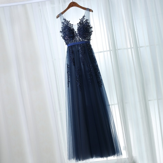 A-Line Scoop Backless Navy Blue Tulle Prom Dress with Sash Appliques - Click Image to Close