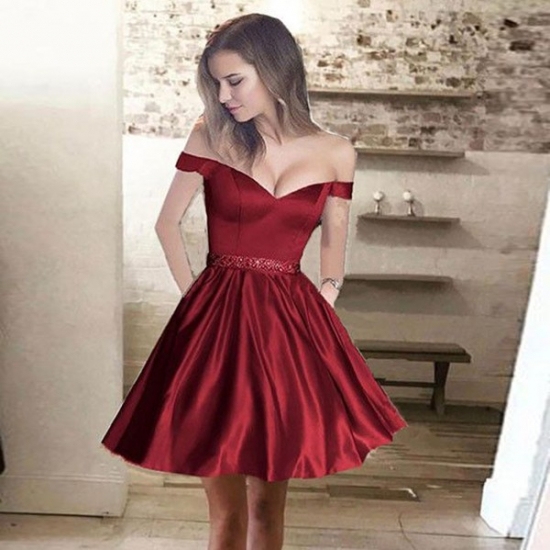 A-Line Off-the-Shoulder Short Satin Homecoming Dress with Beading Pockets - Click Image to Close