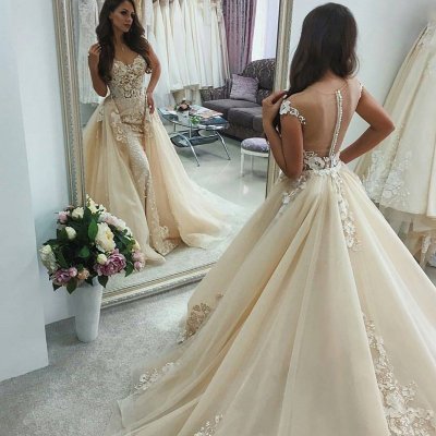 Sheath Illusion Back Light Champagne Wedding Dress with Appliques Overskirt