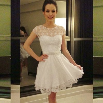 A-Line Jewel Cap Sleeves Short White Chiffon Homecoming Dress with Lace Pearls