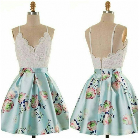 A-Line Spaghetti Straps Short Blue Floral Satin Homecoming Dress with Lace - Click Image to Close