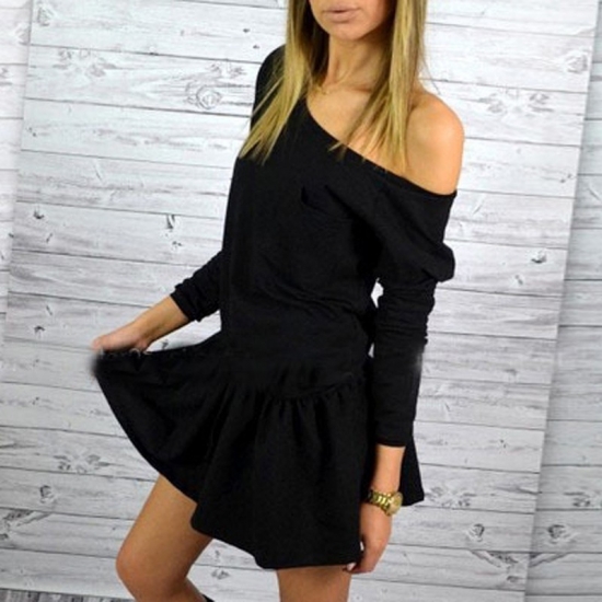 A-Line Bateau Long Sleeves Polyester Little Black Dress - Click Image to Close