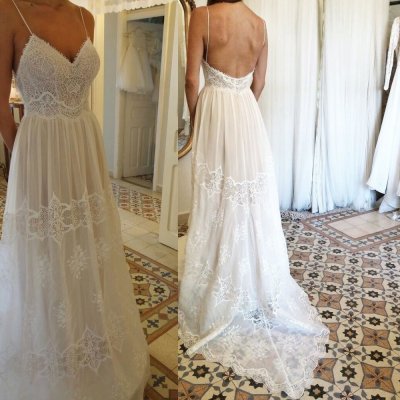 A-Line Spaghetti Straps Backless Chiffon Wedding Dress with Lace