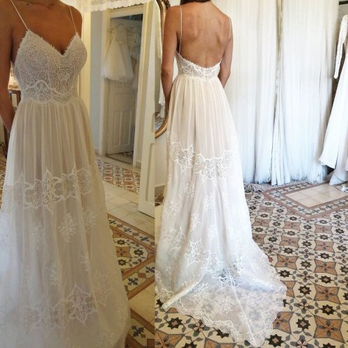 A-Line Spaghetti Straps Backless Chiffon Wedding Dress with Lace