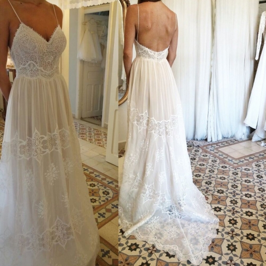 A-Line Spaghetti Straps Backless Chiffon Wedding Dress with Lace - Click Image to Close