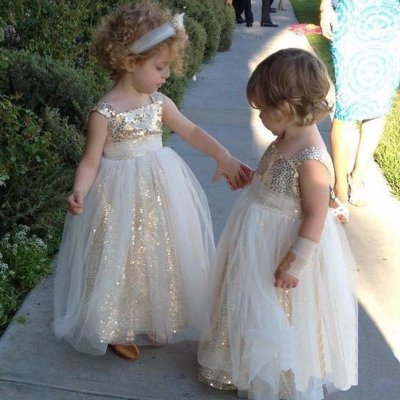 A-Line Square Neck Ankle-Length Tulle Flower Girl Dress with Sequins