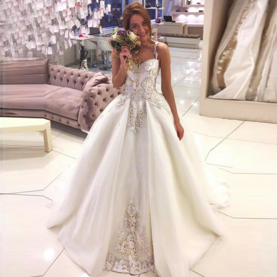 Ball Gown Straps Sweep Train Ivory Satin Wedding Dress with Appliques - Click Image to Close