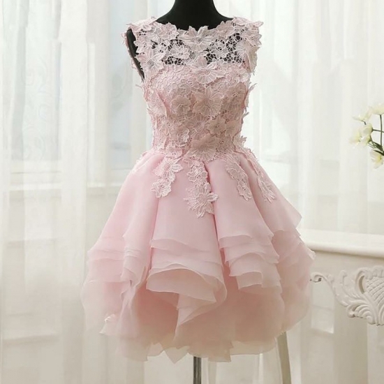 Ball Gown Bateau Tiered Pearl Pink Organza Homecoming Dress with Appliques - Click Image to Close
