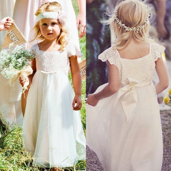 A-Line Square Cap Sleeves Long White Tulle Flower Girl Dress with Lace - Click Image to Close