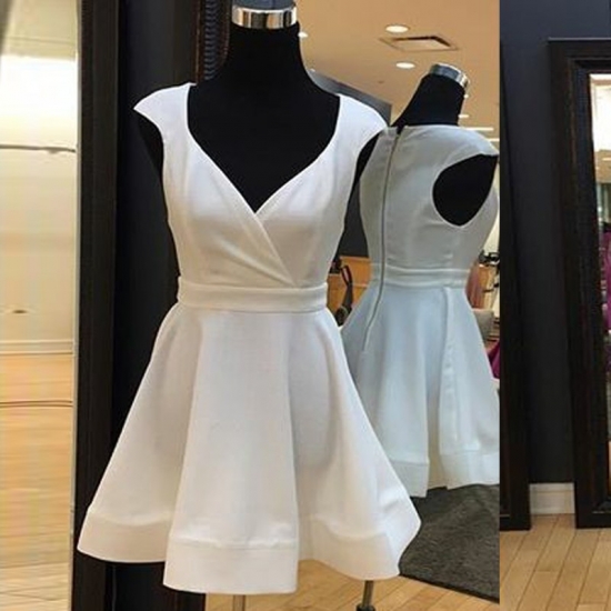 A-Line Scoop Cap Sleeves Short White Elastic Satin Homecoming Dress - Click Image to Close