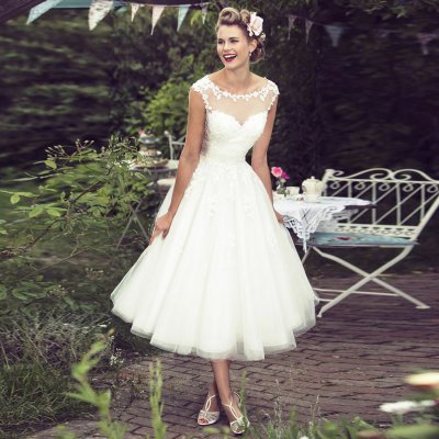 A-Line Bateau Cap Sleeves Mid-Calf Tulle Hall Wedding Dress with Appliques