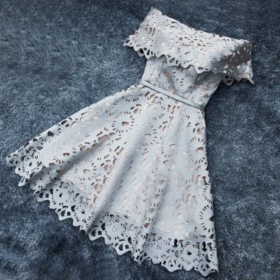 A-Line Off-the-Shoulder Short Light Gray Lace Homecoming Dress with Ruffles