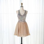 A-Line V-Neck Short Champagne Chiffon Homecoming Dress with Rhinestone