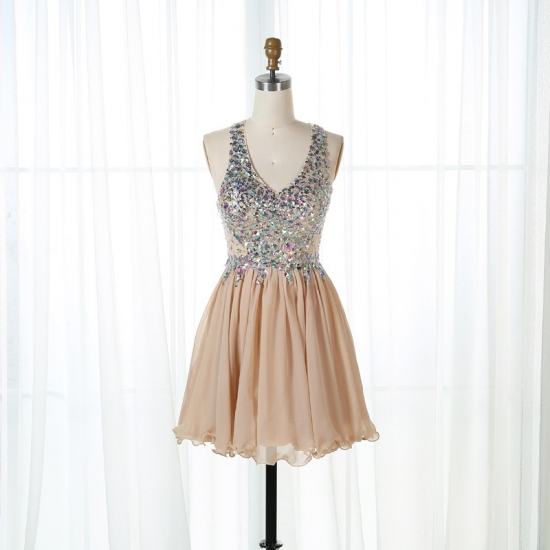 A-Line V-Neck Short Champagne Chiffon Homecoming Dress with Rhinestone - Click Image to Close
