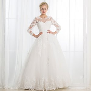 A-Line Round Neck 3/4 Sleeves Open Back Wedding Dress with Appliques