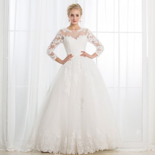 A-Line Round Neck 3/4 Sleeves Open Back Wedding Dress with Appliques