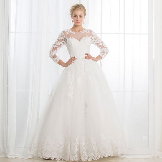 A-Line Round Neck 3/4 Sleeves Open Back Wedding Dress with Appliques - Click Image to Close