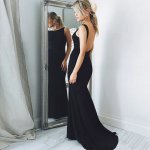 Mermaid Crew Neck Backless Sweep Train Black Prom Dress