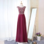 A-Line Crew Neck Floor-Length Maroon Chiffon Prom Dress with Beading