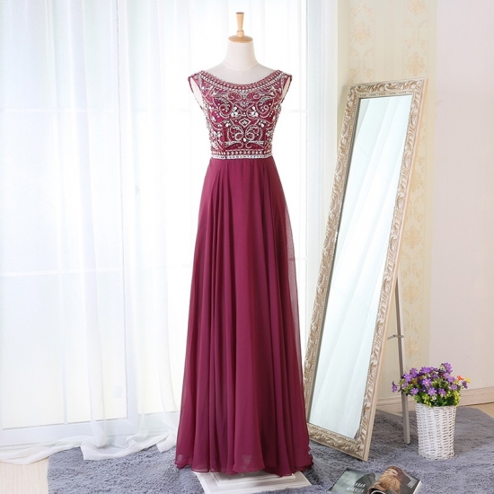 A-Line Crew Neck Floor-Length Maroon Chiffon Prom Dress with Beading - Click Image to Close