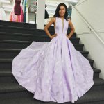 A-Line Bateau Sleeveless Sweep Train Lilac Floral Satin Prom Dress