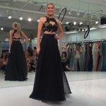 Two Piece Round Neck Open Back Black Chiffon Prom Dress with Appliques