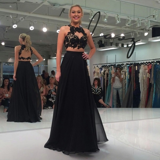 Two Piece Round Neck Open Back Black Chiffon Prom Dress with Appliques - Click Image to Close