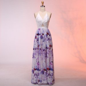 A-Line Halter Backless Floor-Length Lilac Floral Prom Dress