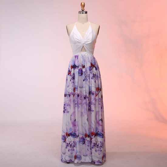 A-Line Halter Backless Floor-Length Lilac Floral Prom Dress - Click Image to Close