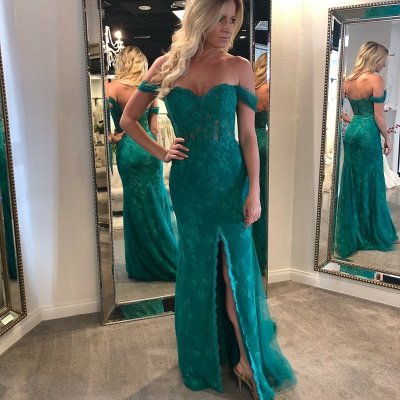 Mermaid Off-the-Shoulder Long Dark Green Prom Dress with Appliques
