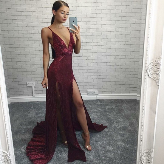A-Line Spaghetti Straps Backless Sweep Train Burgundy Sequined Prom Dress - Click Image to Close