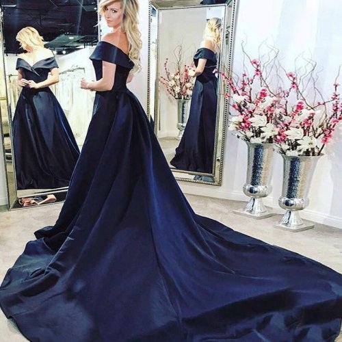 A-Line Off-the-Shoulder Sleeveless Court Train Navy Blue Satin Prom Dress