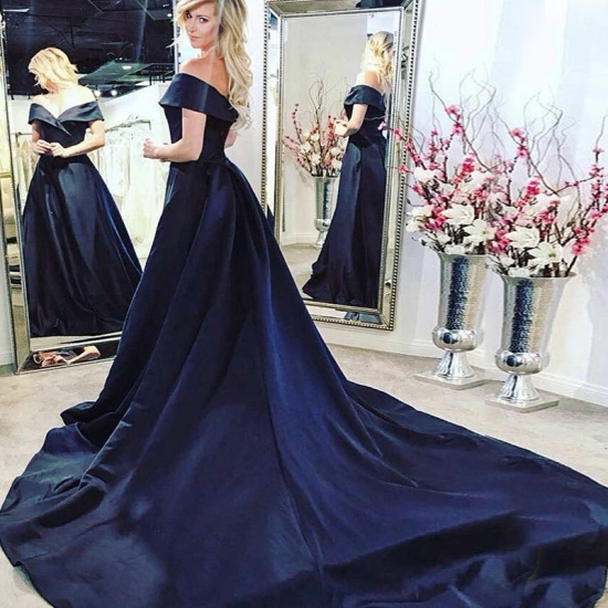 A-Line Off-the-Shoulder Sleeveless Court Train Navy Blue Satin Prom Dress - Click Image to Close