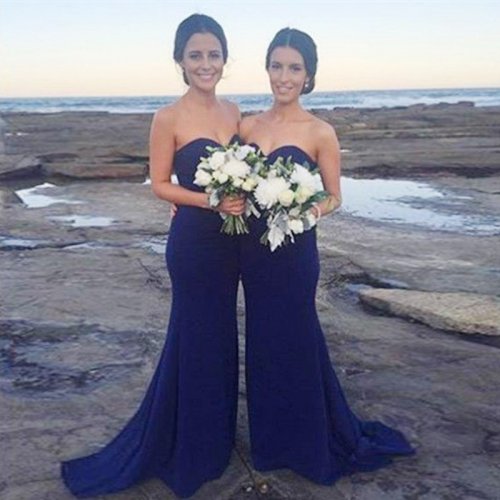 Mermaid Sweetheart Backless Sweep Train Dark Blue Bridesmaid Dress