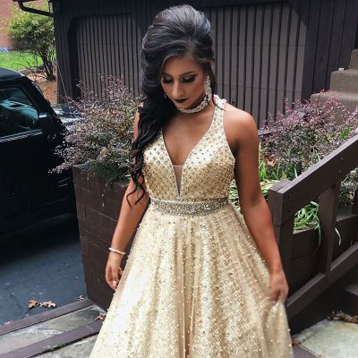 A-Line V-Neck Open Back Sweep Train Gold Prom Dress with Beading
