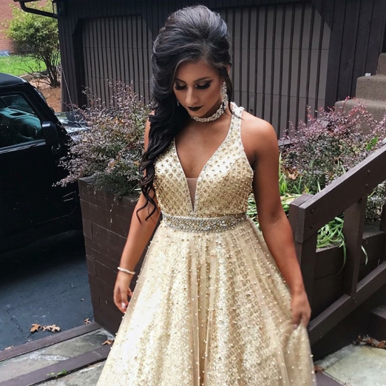 A-Line V-Neck Open Back Sweep Train Gold Prom Dress with Beading - Click Image to Close