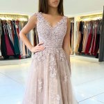 A-Line V-Neck Backless Pink Long Prom Dress with Appliques