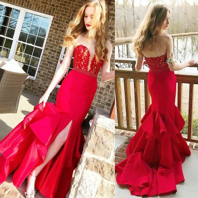 Mermaid Sweetheart Sweep Train Red Tiered Prom Dress with Lace