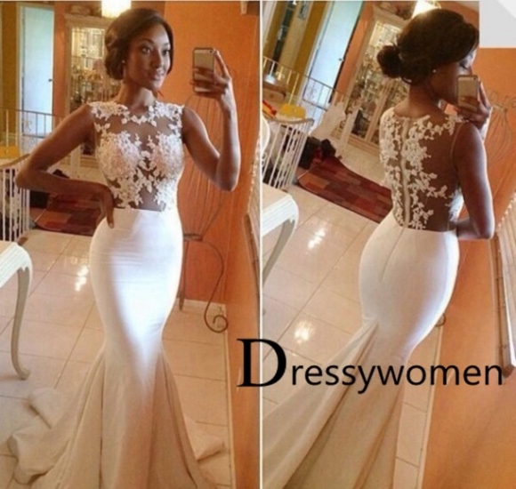 2015 HoT Sale Sexy Mermaid White Court Train Lace evening Gown / Prom dress LAPD-90013 - Click Image to Close