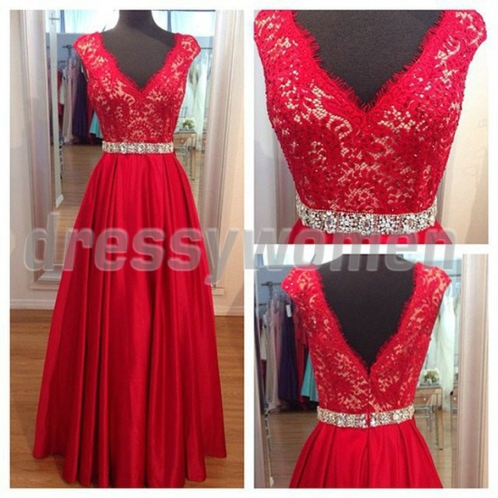 2015 Hot Sale Column Red V-neck Capped V-Back with Appliques Chiffon Long Prom Dresses SAPD-90055 - Click Image to Close